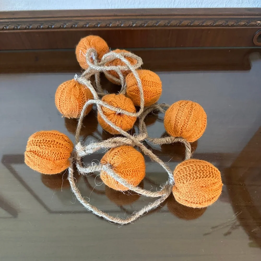 Knit Pumpkin Garland Fall Decor Burnt Orange Jute Twine Rustic Farmhouse 8 Piece